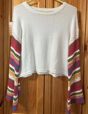 Altar'd State‎ Cropped Bell Sleeve Sweater Women's M Cream Knit Boho Top thumbnail 1