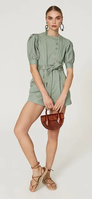 ULLA JOHNSON Sage Green 100% Cotton Short Sleeve Puffed Tied Carmine Romper sz 2 thumbnail 1