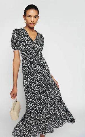 Reformation Reeds Ruffle Floral Georgette Midi Dress Size 0 Black Minimalist thumbnail 1