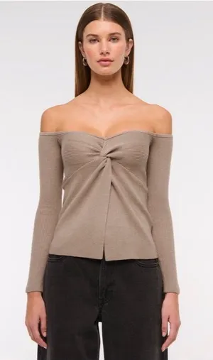 Abercrombie & Fitch Off-The-Shoulder Twist Sweater Top Brown NWT M $60 thumbnail 1