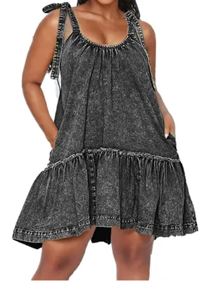 NEW Black Wash Tie Shoulder Sleeveless Denim Mini Dress S thumbnail 1