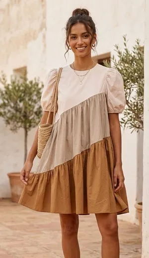 NWT- English Factor Neutral Quiet Luxury Colorblock Puff Sleeve Dress size small thumbnail 1