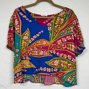 Haute Hippie Pink Blue Tropical Floral Print Blouse Womens XL Beachy Vacation thumbnail 1