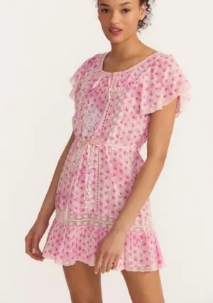 LoveShackFancy Niall Dress in Divine Pink Floral Ruffle Mini Dress thumbnail 1