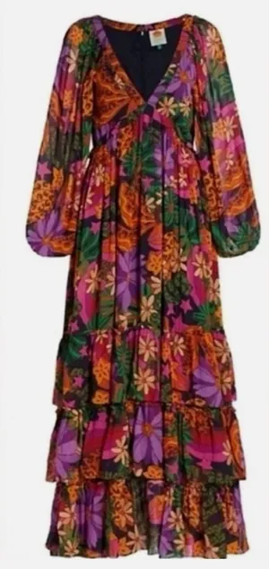 FARM Rio Star Fruit Floral Tiered Maxi Dress in Purple, Green & Yellow Sz Small thumbnail 1