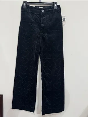 Maeve Anthropologie Colette Charcoal Heart Pattern Wide Leg Corduroy Pants 27T thumbnail 2