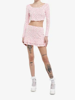 Sweet Society Pink Strawberry-Print Long Sleeve Top & Ruffled Mini Skirt Set thumbnail 2