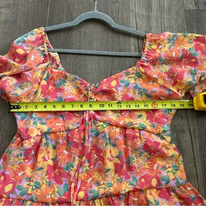 Marissa Olivia Red Orange Floral Flutter Sleeve Peasant Smocked Mini Dress L thumbnail 10