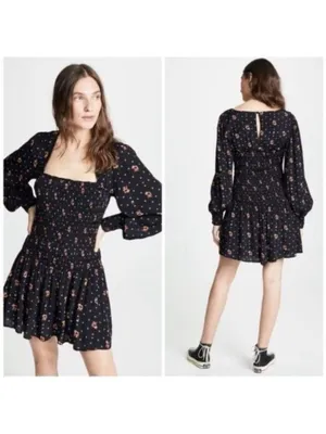 Free people two faces black smock drop waist long puff sleeve min dress thumbnail 2