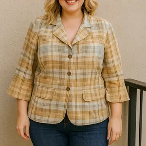 Tommy Hilfiger Cream‎ Plaid Peplum Short Sleeve Jacket Women's Size 24 thumbnail 1
