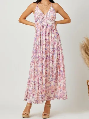 Mystree Cream Floral Mesh Maxi Dress Criss Cross Back Polyester Blend Sz M NWT thumbnail 2