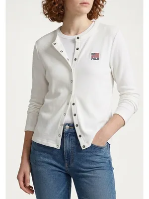 NWT Polo Ralph Lauren Logo Flag French Terry Cardigan in White Sweater S thumbnail 1