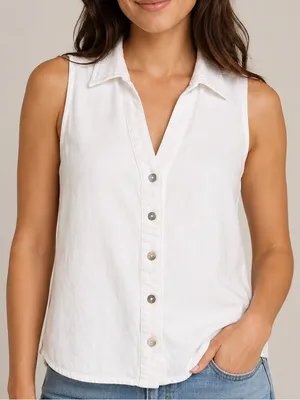 Lulus Women’s Size M White Linen Blend Sleeveless Button Up Blouse Top thumbnail 1