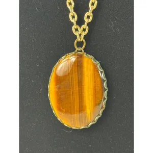 Vintage Tigers Eye Oval Pendant Necklace Gold Tone‎ Chain Boho Statement 24 Inch thumbnail 2