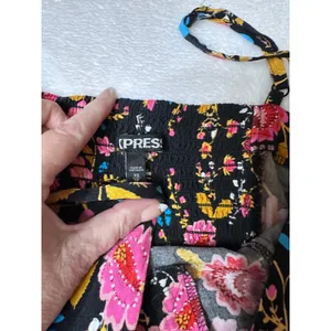 Express Floral Rayon Midi Sundress Black Pink Yellow Slit Smocked Back Women thumbnail 9