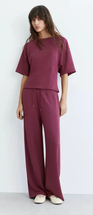 Pull&Bear 2-Piece Soft touch short sleeve sweatshirt and Pants Set Eggplant S thumbnail 1
