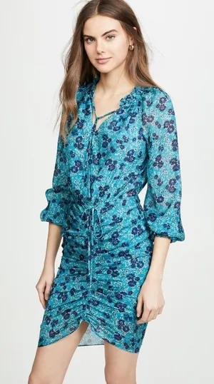 Veronica Beard Becky Ruched Silk Mini Dress in‎ Turquoise Floral Size 2 thumbnail 1