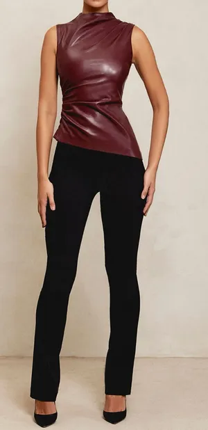 HOUSE OF CB ALLEGRA Wine Vegan Leather Asymmetric Top, Size X-Small, $148 thumbnail 1