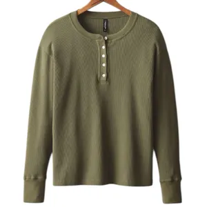 NWOT American Giant Olive Green Waffle Knit Henley Long Sleeve Shirt Womens MED thumbnail 1