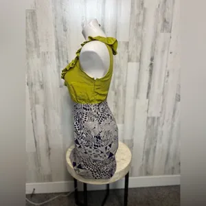 Forever 21 Maca Ruffled Top Geometric Print Mini Dress Womens Small Chartreuse Blue thumbnail 2