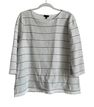 Talbots Women's Size Large 3/4 Sleeve Fringe Hem Sweater Top White Black Stripes thumbnail 1