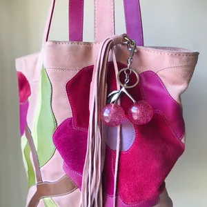 Pink Glitter Cherry Bag Charm, Silver Tone thumbnail 1