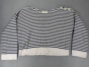 Sezane Leontine Sweater Women M Ecru Navy Striped Cotton Shoulder Button Knit thumbnail 1