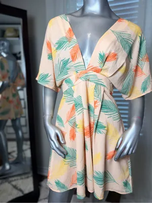 Tropical Palm Leaf Peach Mini Dress Tie Waist Short Sleeve V Neck Medium thumbnail 2