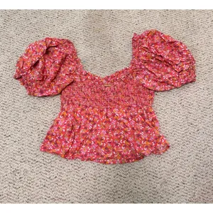 Billabong Boho floral Puff Sleeve Smocked Peplum Top Coral Pink Cottagecore L thumbnail 5
