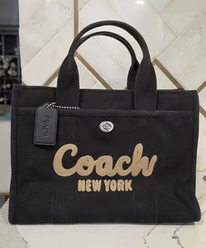 Coach Black Canvas Tote Bag With Gold Logo Spacious Interior Snap Closure Faded thumbnail 1