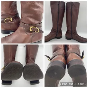 Talbots Womens 7AA Riding Boots Tall Brown Pebbled‎ Leather Gold Buckle Full Zip thumbnail 6