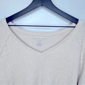 American Eagle Cream Soft & Sexy Plush Waffle‎ Knit V-neck Loungewear Top Size L thumbnail 3