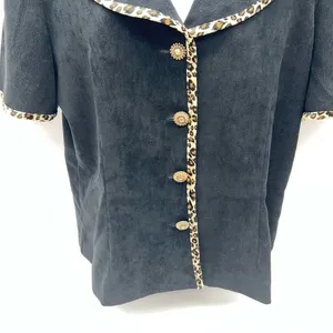 Courtenay Women’s Short Sleeve Casual Black Button Down Top w/Leopard Print Trim thumbnail 3