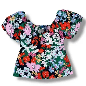 Old Navy Floral Puff Sleeve Peplum Flared Hem V‎ Neck Top Shirt Blue Multi Small thumbnail 13