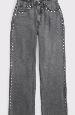 Abercrombie & Fitch Gray Wide-Leg Jeans with Stud Trim thumbnail 1
