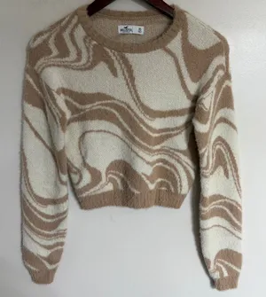Hollister Fuzzy Swirl Marble Knit Cropped Sweater‎ Tan Cream XS Long Sleeve thumbnail 1