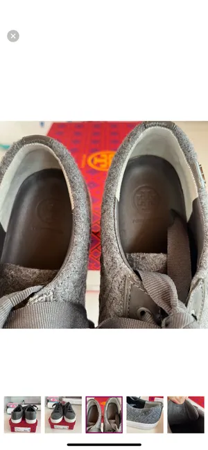 TORY BURCH Marion Quilted Fleece Lace Up Sneakers, Dovestone 8 EUC thumbnail 7