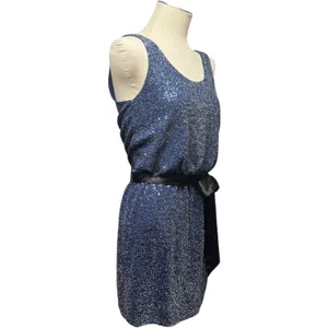 Express Sleeveless Sequin Mini Dress with Satin Sash Blue Black XS thumbnail 5