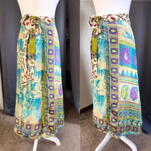 Reversible boho Silk Wrap Skirt Womens OS Turquoise Gold Floral Maxi thumbnail 4
