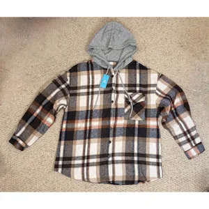 Cabincore Plaid Hooded Shacket Brown Cream Button Front Cozy Rustic L NWT thumbnail 7