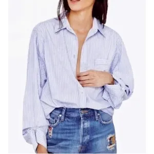 Free People Blue White Tie It In A Bow Oversized Cotton Button Down Shirt L thumbnail 2