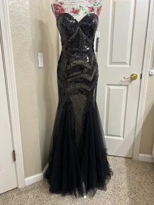 NWT Jovani Strapless Black Sequin Lace Tulle Mermaid Evening Dress Size 2 thumbnail 2