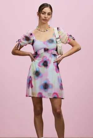 Topshop Paint Floral Mini Dress M‎ NWT Puff Sleeve Y2K Mesh Ruffle Tea thumbnail 1