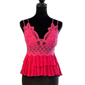 Zenana Hot Pink Lace Ruffle Peplum Cami Top Smocked Back Large Festival Rave Clubwear L thumbnail 2