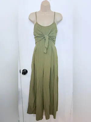 Flying Tomato Wide Leg Pinstripe Tie Front Keyhole Back Strap Jumpsuit Green S thumbnail 2