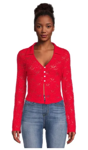 Steve Madden Y2K Velvet Floral Burnout‎ Lace Crop Bell Sleeve Button Cardigan L thumbnail 1