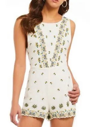 Free People Embroidered Romper Size 10 Ivory Floral Boho Sleeveless thumbnail 1