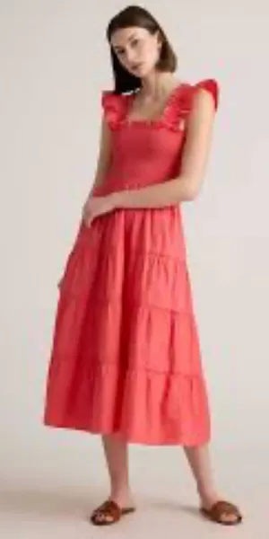 Quince 100% Organic Cotton Poplin Smocked MIDI Dress Spice Coral Medium thumbnail 1