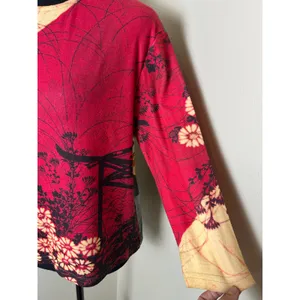 Euro Inspired Yukiko Cherry Blossom Graphic Knit Tee 3/4 Sleeve Y2K Art Top XL thumbnail 3