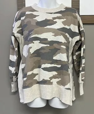 Aerie Tan Camo Crew Neck Mixed Textured Sweatshirt w/ Large Slide Slits- XS thumbnail 1